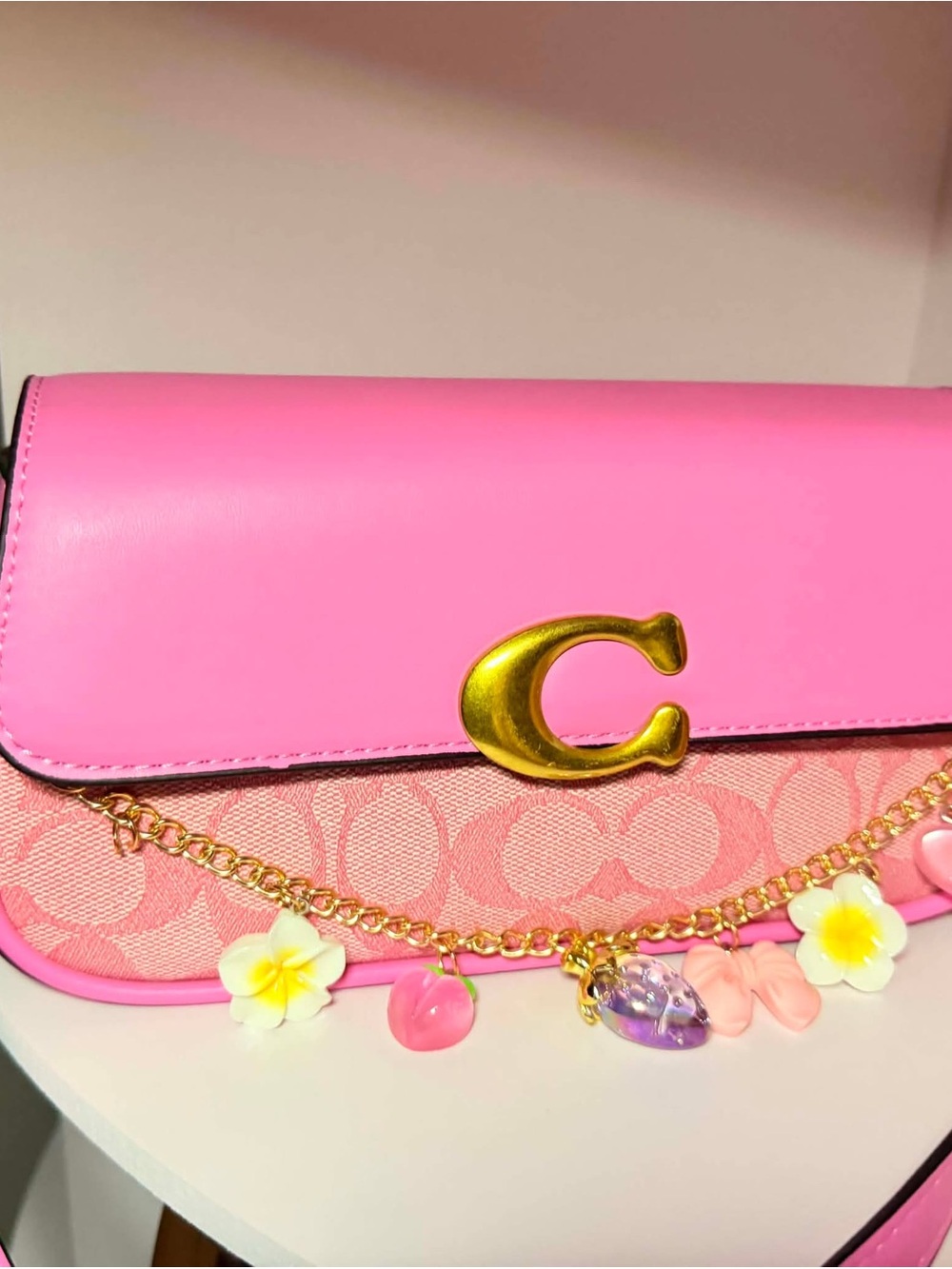 Coach Hot Pink Signature Chain Crossbody with Charm Accents